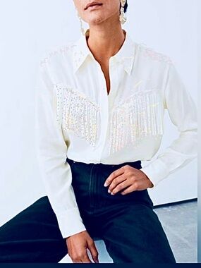 Vintage rhinestone Fringed Button-Down Blouse
